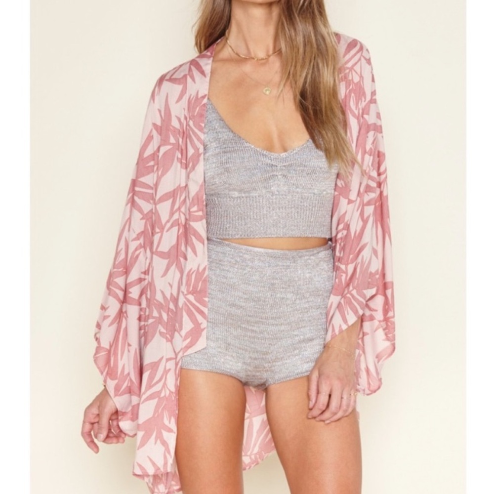 Xs/s amuse society Jessa palm print kimono pink tropical open coverup kaftan
